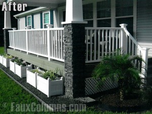 Artificial stacked stone outdoor columns make a huge difference to this porch.