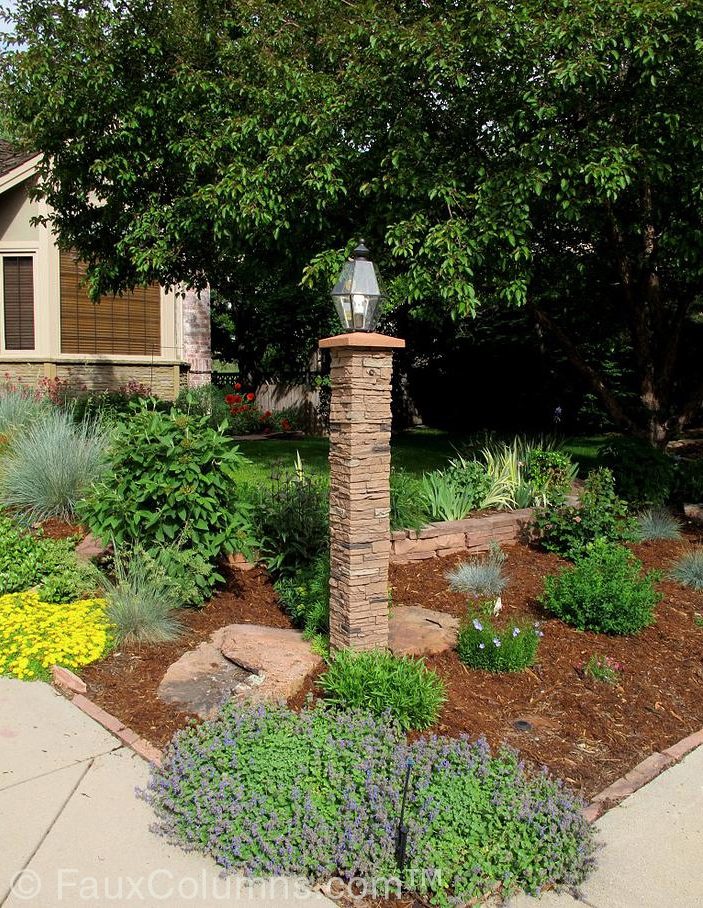 Garden decor ideas such as using a faux stone column enhance visual appeal.