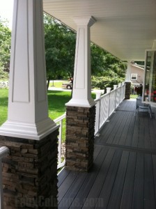 Fake columns flank the entrance to this home's large front porch.