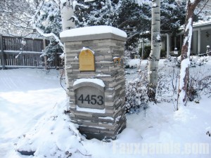 Unique mailbox post made out of polyurethane that mimics the look of real stone and deflects damaging effects from any type of weather.