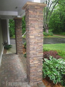 Porch columns with wraps that are practically indistinguishable from real hand-stacked stone.