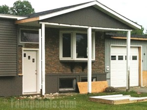 Ranch style home exterior remodeled with stacked stone polyurethane siding.