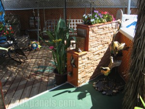 Beautiful faux stone planter DIY project. Home patio enhanced with faux stone planters