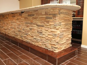 Up close view of home bar covered in Stacked Stone panels