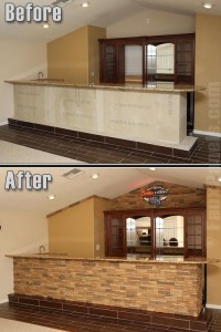Before and after photo of home bar finished with the look of real stacked stone.