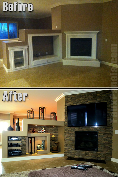 Before and after of fireplace and shelving unit remodeled with Wellington Drystack panels.