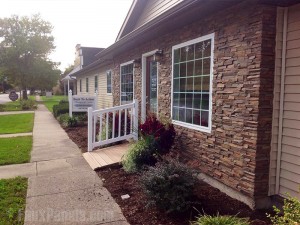 Imitation dry stack panels side a chiropractic clinic in Flora, IL.