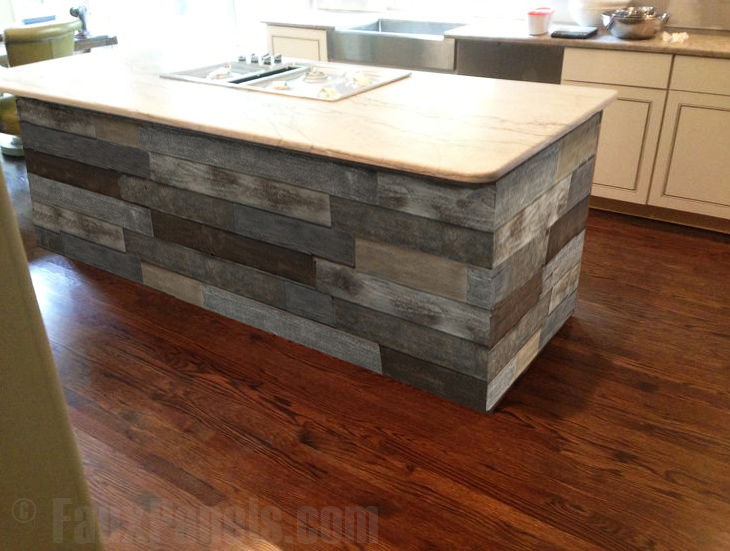 Kitchen island resurfaced with Reclaimed Barn Board paneling.