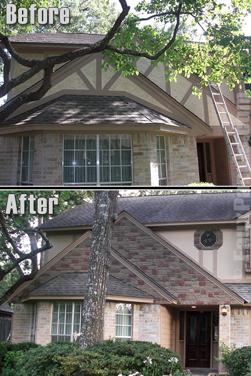 Before and after photo of home exterior remodeled with cobblestone veneer paneling.