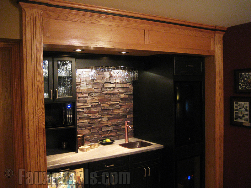 Drystack stone backsplash installed in a small kitchen.