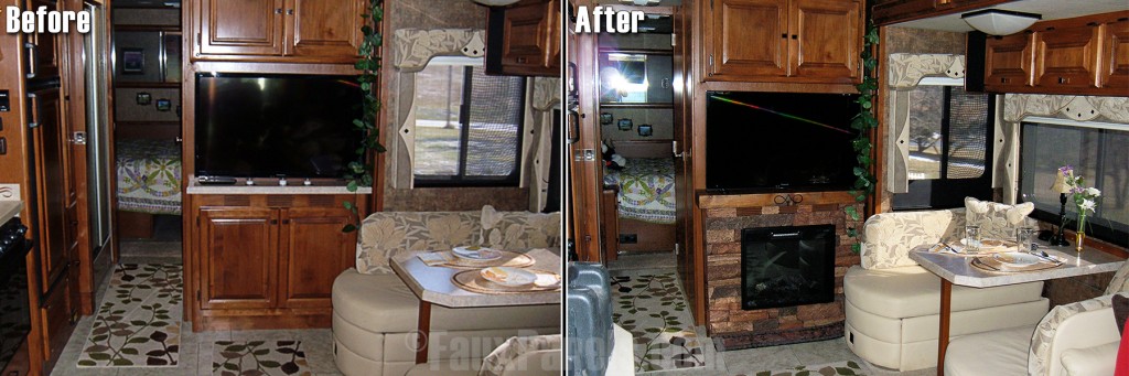 Before and after photo of a recreational vehicle's fireplace remodeled with faux panels.