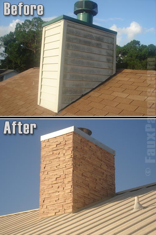 Before and after photo of a chimney remodeled with Drystack panels.