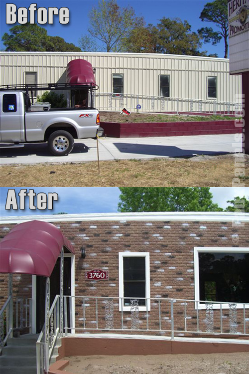Office exterior, before and after photo. Resided with Nailon brick panels.
