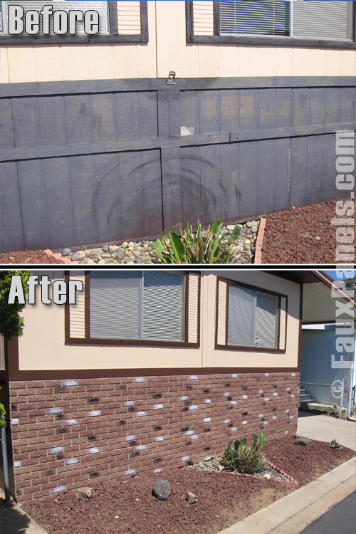 Before and after photo of home exterior with new wainscoting installed, created with Nailon brick panels in Used Buff.