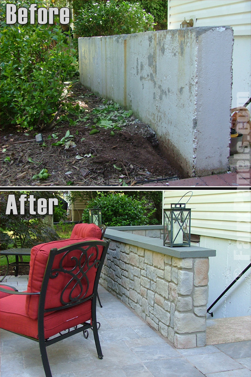 Before and after photo of a cement patio half wall remodeled with cobblestone panels.