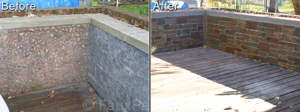 Before and after pictures of an exterior half wall renovated with ledgestone paneling.