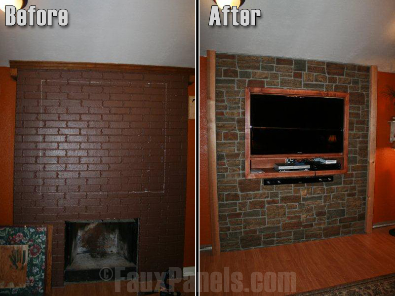 Before and after photo of a living room fireplace remodeled with fake ledgestone paneling.