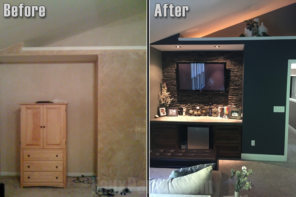 Before and after photo of a TV alcove remodeled with stacked stone paneling.