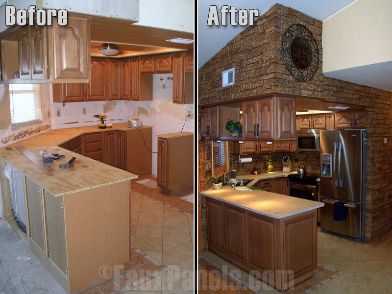 Before and after kitchen remodel with stone wall paneling installed.