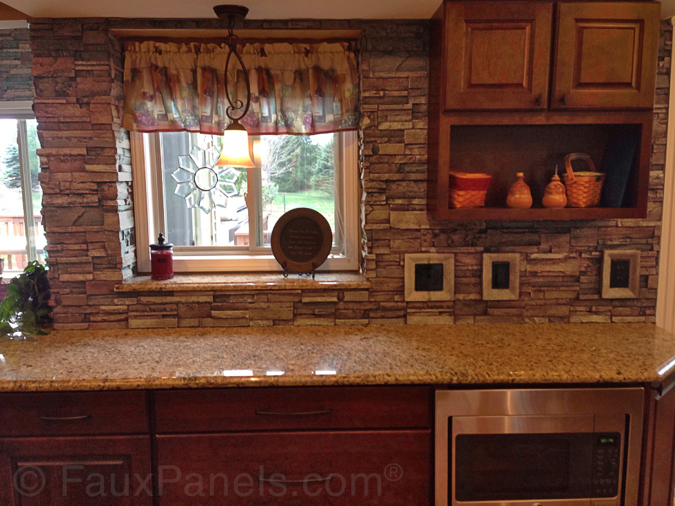 Polyurethane panels are easy to clean and perfect for applications like this kitchen backsplash.