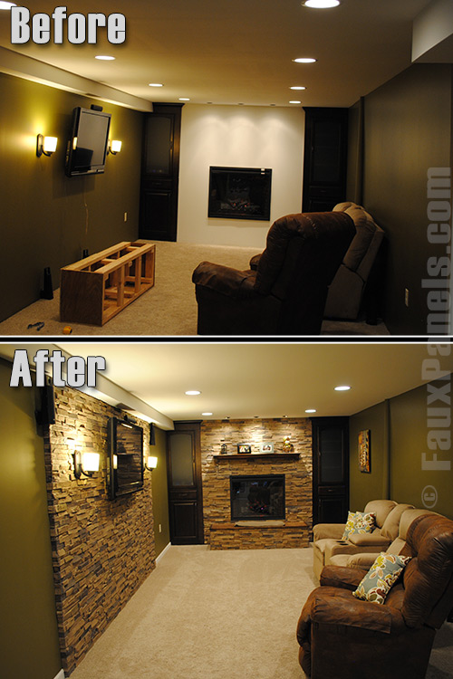 Fake drystack stone creates a lively new atmosphere in a basement family room.