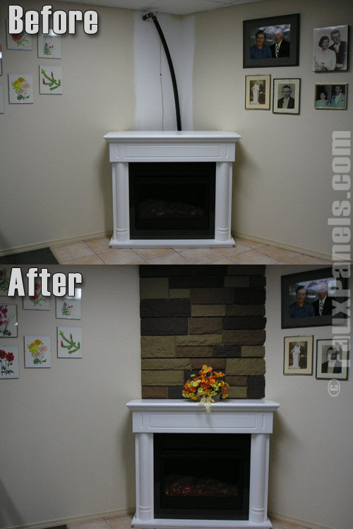 Before and after photos of a corner fireplace remodeled with rock veneer panels.