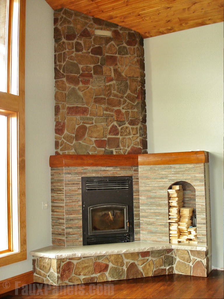 Designing a corner fireplace with stone veneer adds a cozy mountain feel. 