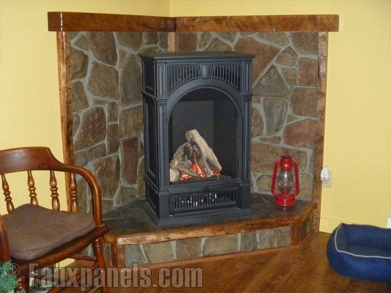 Fake Fieldstone panels are a perfect way to enhance the look of corner fireplace designs.