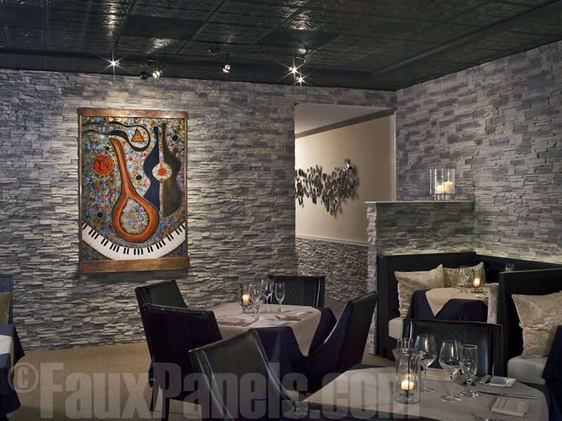 Add class to restaurant interior design with stacked stone veneer.