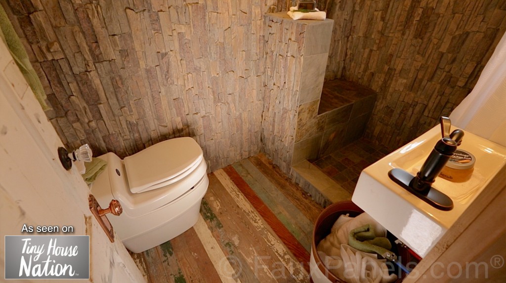 Man made stone panels create fabulous bathroom designs.