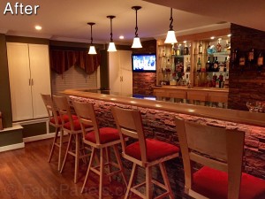 Scott's home bar after his faux stone panel installation.