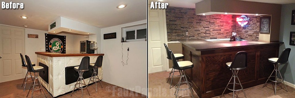 Before and after picture of a home bar design completed with faux dry stack panels.