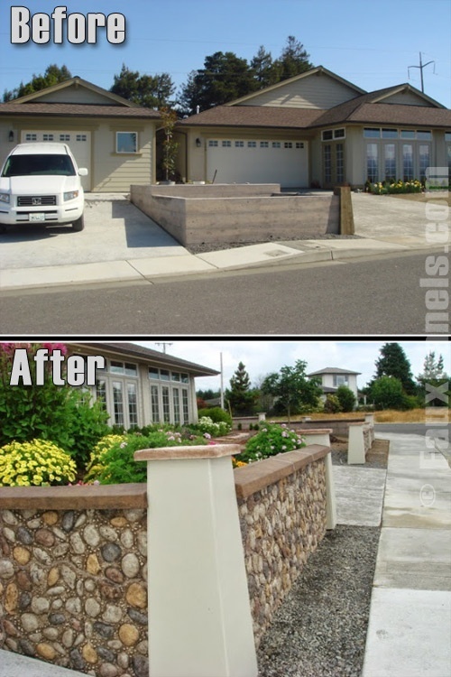 Before and picture picture of a home's driveway retaining wall with river rock panels installed.