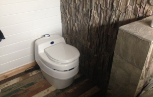 Tiny House bathroom finished with faux stacked stone panels.