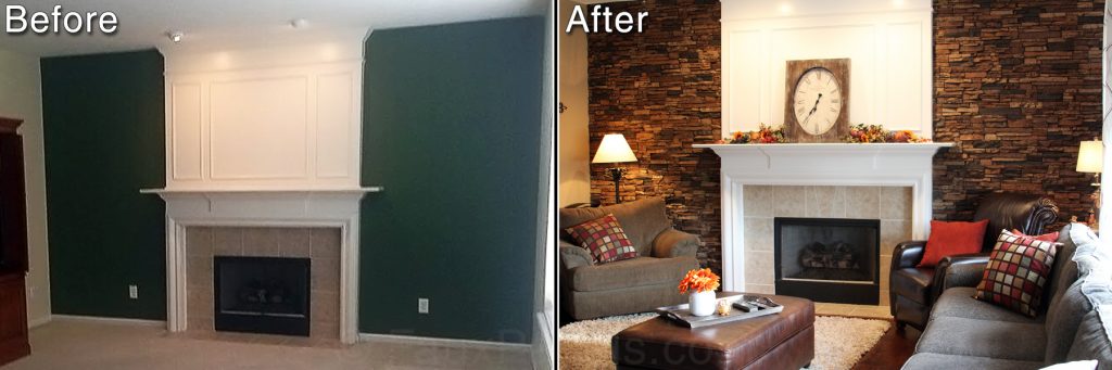 Before and after of fireplace accent wall resurfaced with stacked stone panels.