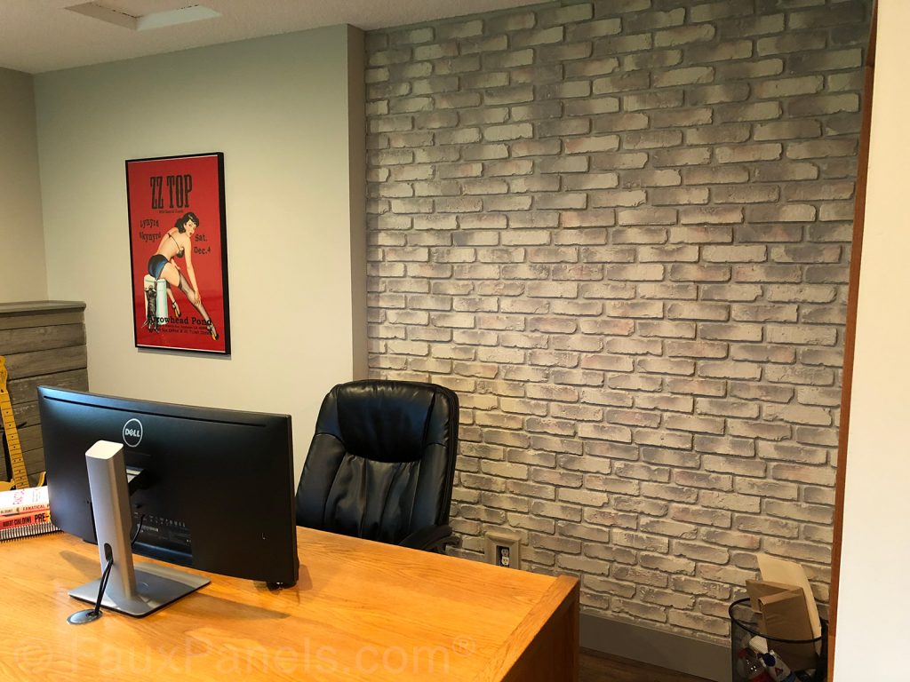This recessed space of this home office wall was covered in Old Chicago Brick panels in Cream Caramel color.