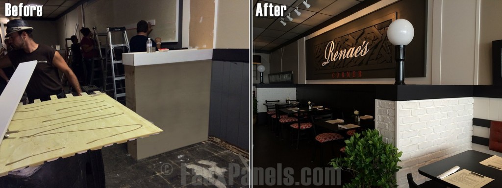 Before and after photos of faux white brick panels used in a Restaurant Impossible makeover.