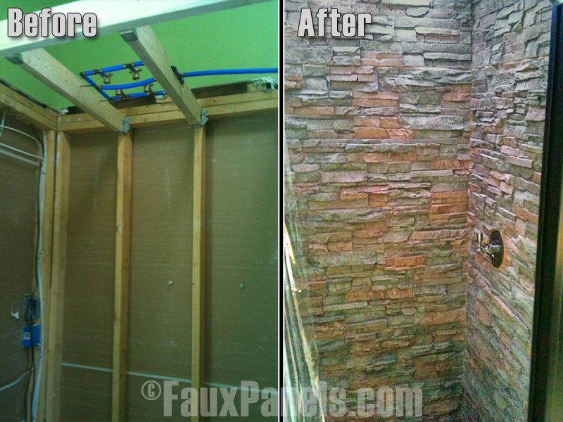 Before and after photo of a shower stall remodeled with faux stone wall panels, using a coping technique to create seamless corners.