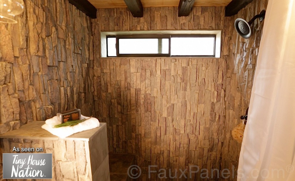 Shower wall paneling installed on Tiny House Nation, mitered to make the corners flush.