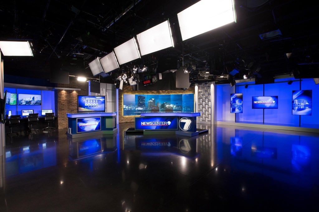 Faux brick panels are an integral part of the newsroom set remodeled for WHIO-TV in Dayton, Ohio