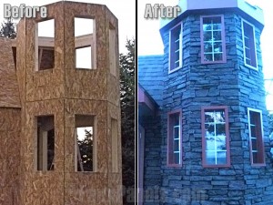 Before and after photo of turret shaped home exterior sided with polyurethane panels.