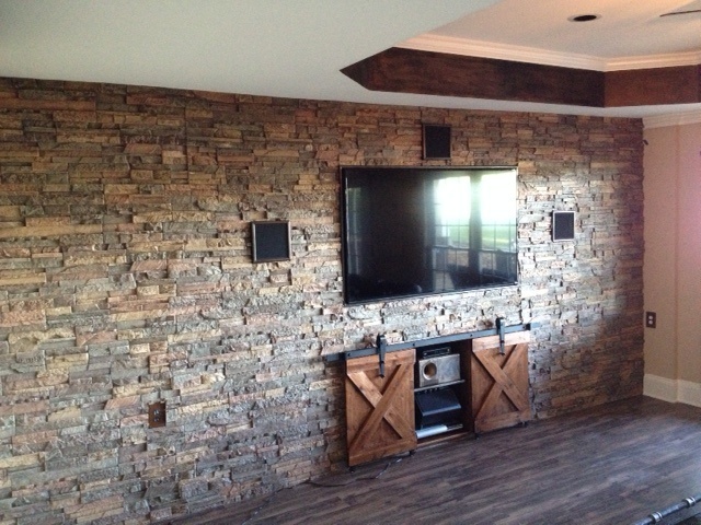 Farmhouse style basement accent wall created with Wellington Drystack panels.