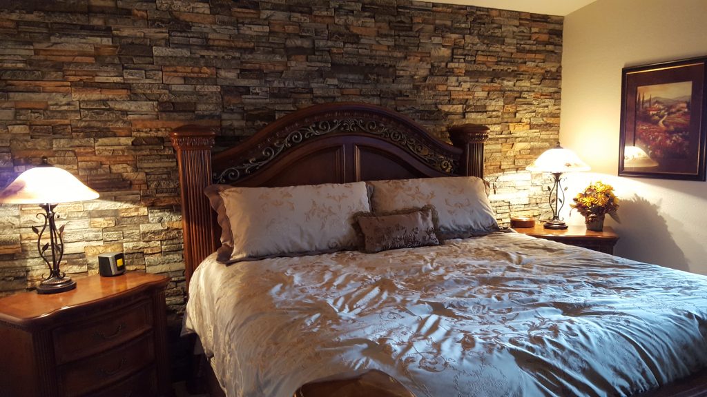 Master bedroom accent wall in a Albuquerque, NM home made from Wellington Dry Stack panels.
