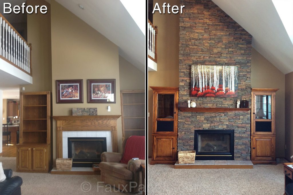 Before and after photo: boring drywall behind and around a fireplace refaced with the look of drystack stone.