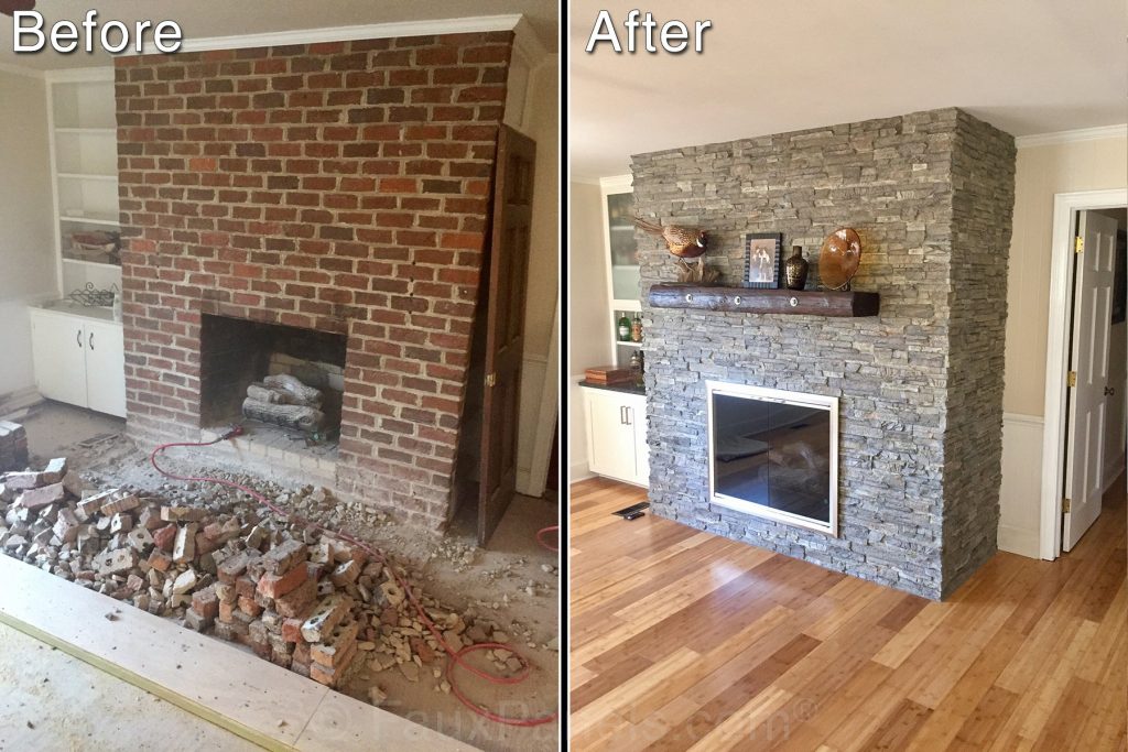 A dated brick fireplace gets a fresh new look with Norwich Stacked Stone in Birchwood color