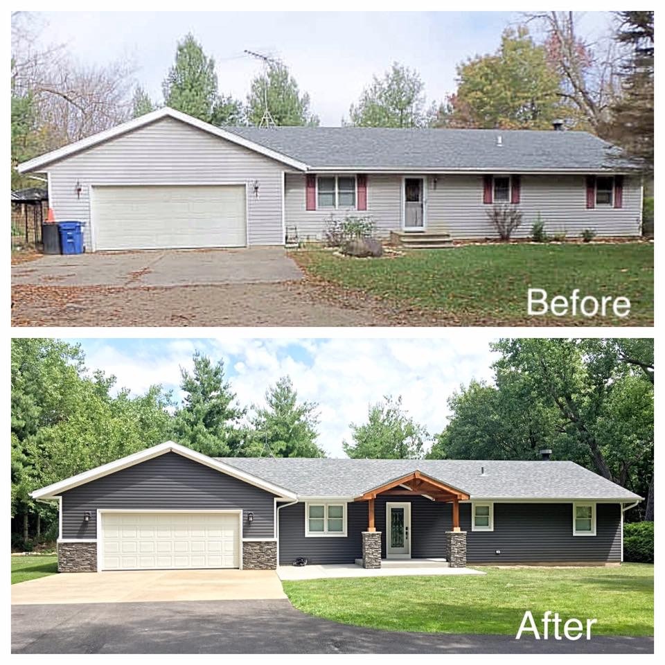 Reno on a budget: before and after photo of a home exterior transformed with stacked stone panels.