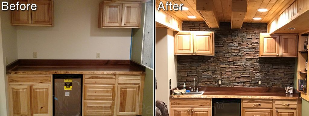 Before and after picture of kitchenette with new stone style backsplash created with Norwich panels.