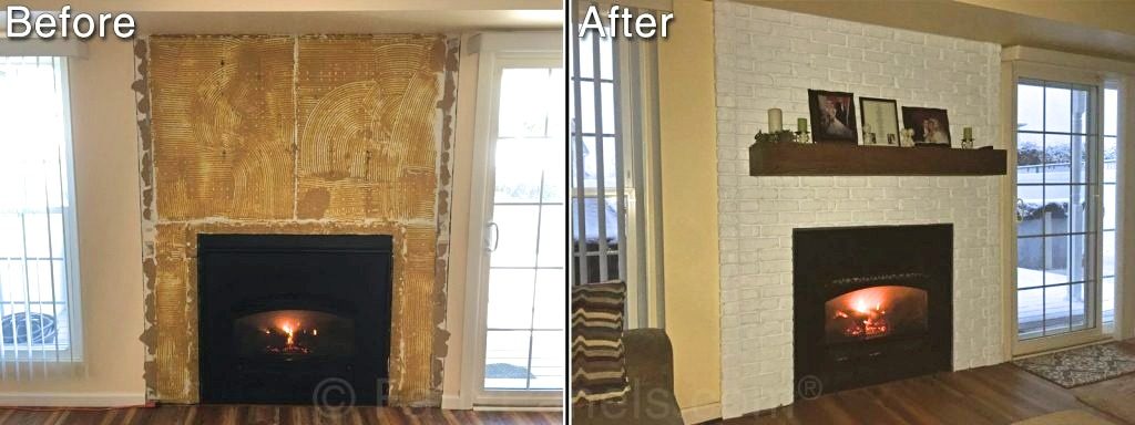 Before and after fireplace with white brick veneer added.