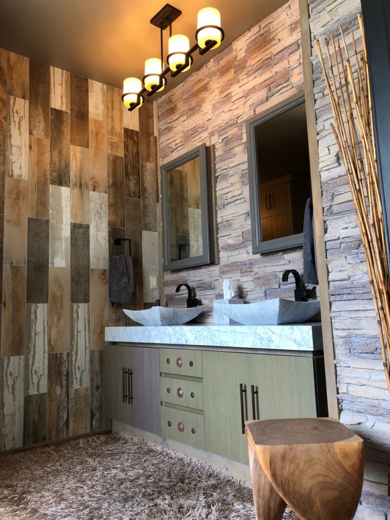 Master bathroom vanity backsplash remodeled with Norwich Stacked Stone panels in Toasted Vanilla