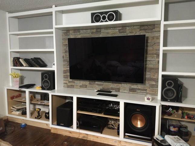Media wall design using Norwich Kentucky Drystack panels.
